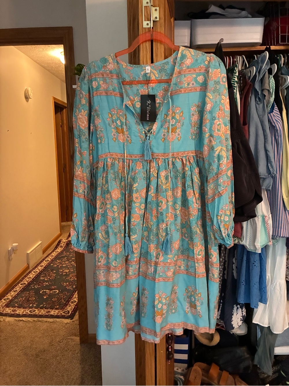 Bohemian Floral Tiered Long Sleeve Dress - Turquoise